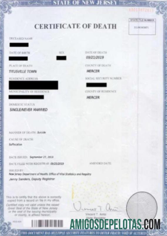 Escritório de estatísticas vitais e certidão de óbito de registro dos EUA exemplo